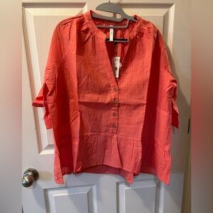 Kaktus 1X Plus Sized Vibrant Coral Blouse w/Ruffles NWT